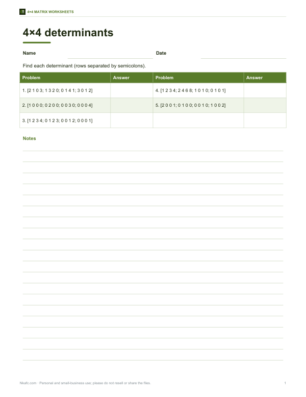 Preview of Printable 4x4 Determinant Practice